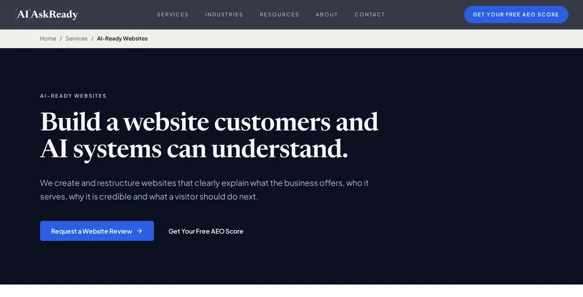 A real service page from the AI Ask Ready website: clear headline, one-line explanation and a single next step
